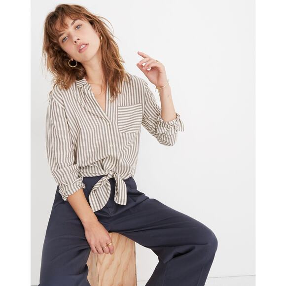 Madewell Tie-Front Shirt Maitland Stripe Brown Gray Women's Top XXS Boyish Crop - Picture 1 of 9